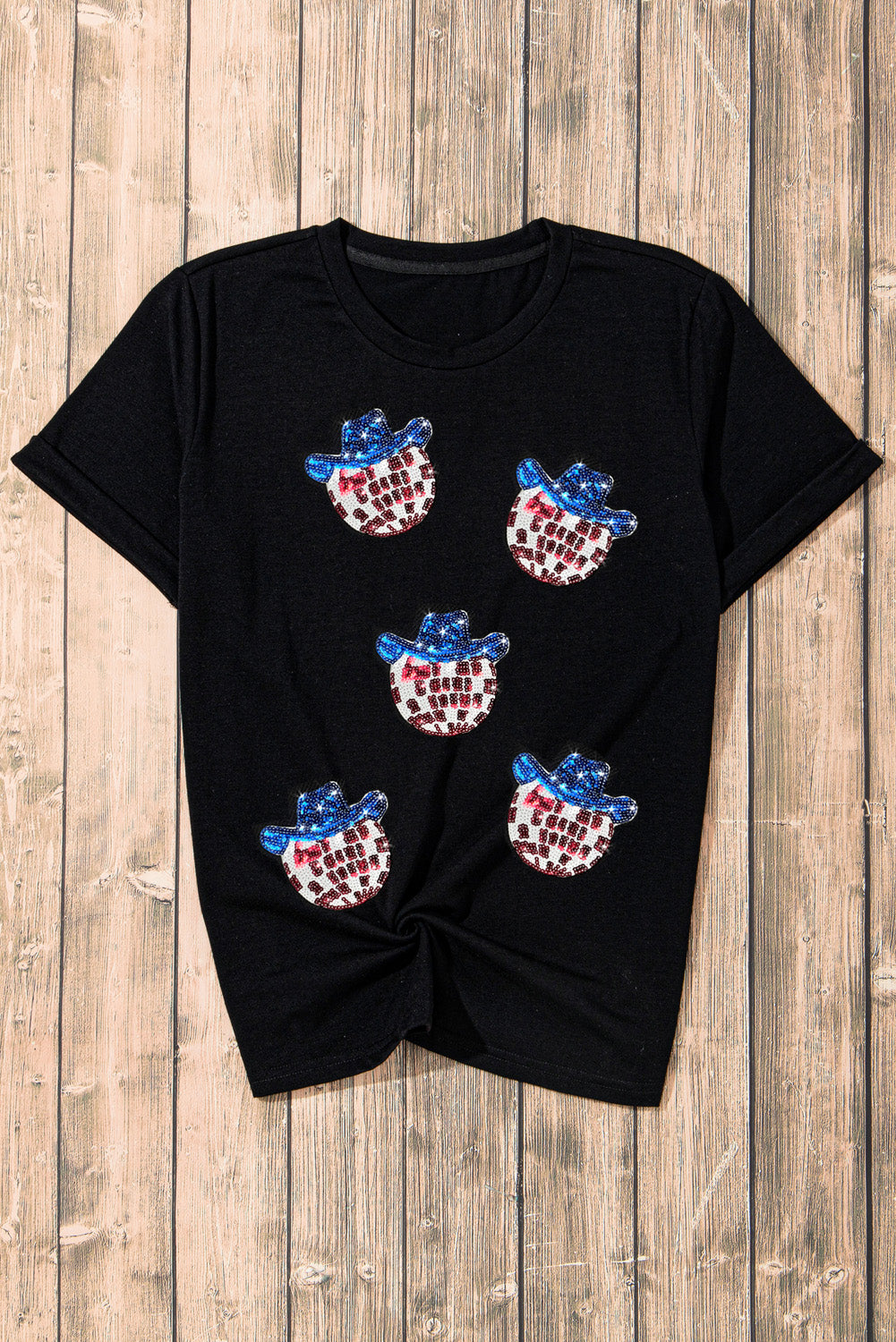 Black cotton blend t-shirt with sequin cowboy hat graphic, short sleeves, crew neck