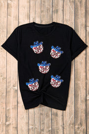 Black cotton blend t-shirt with sequin cowboy hat graphic, short sleeves, crew neck