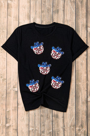 Black cotton blend t-shirt with sequin cowboy hat graphic, short sleeves, crew neck