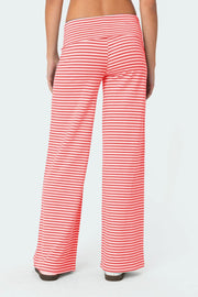 Coral and white striped palazzo pants with a wide waistband.