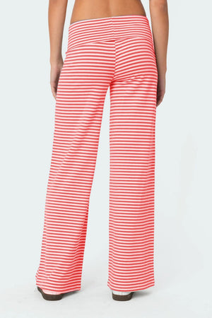 Coral and white striped palazzo pants with a wide waistband.