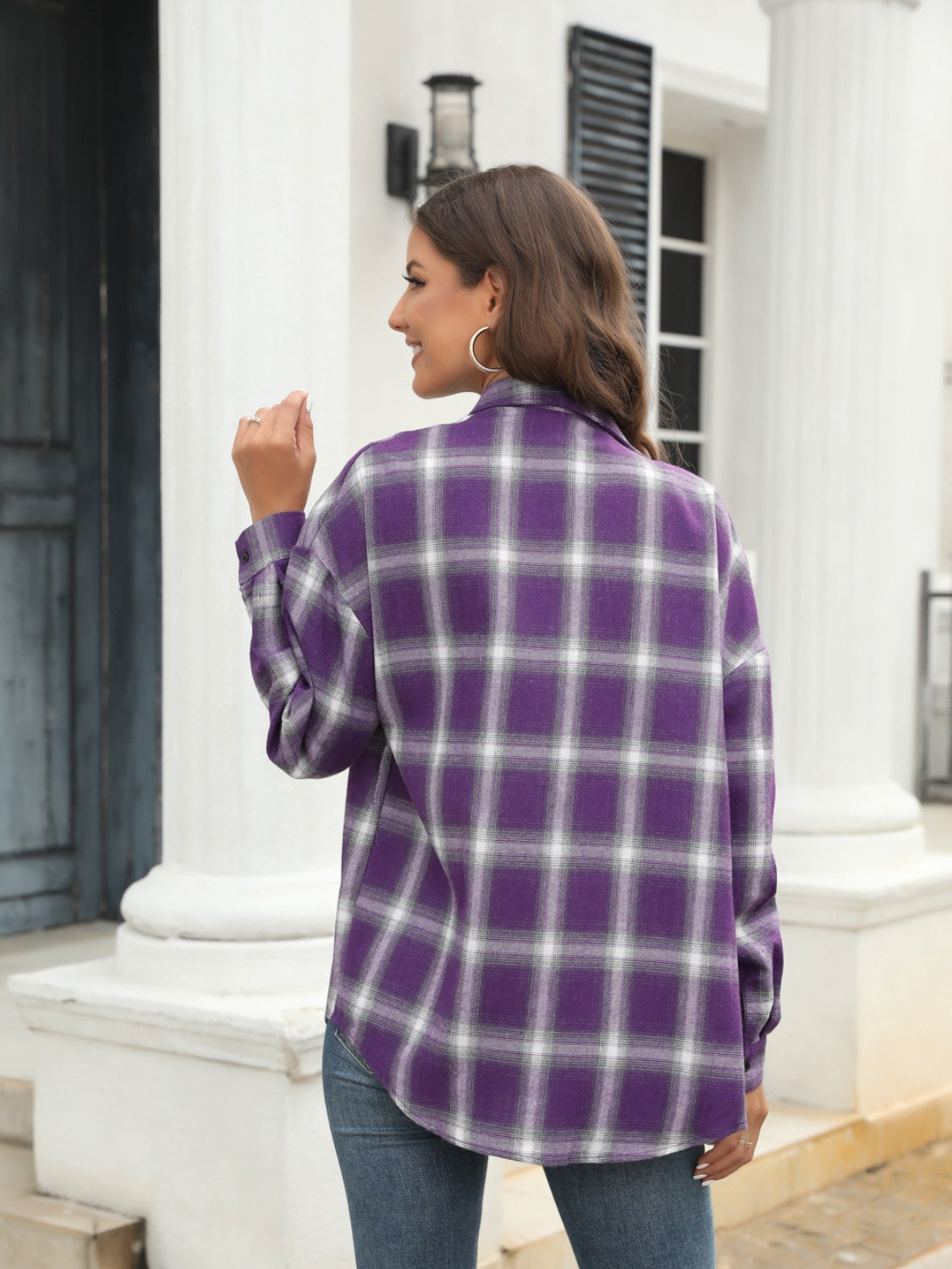 Purple plaid long sleeve button shirt with a relaxed fit.