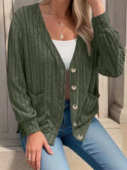 Moss ribbed knit button-down cardigan with pockets and balloon sleeves.