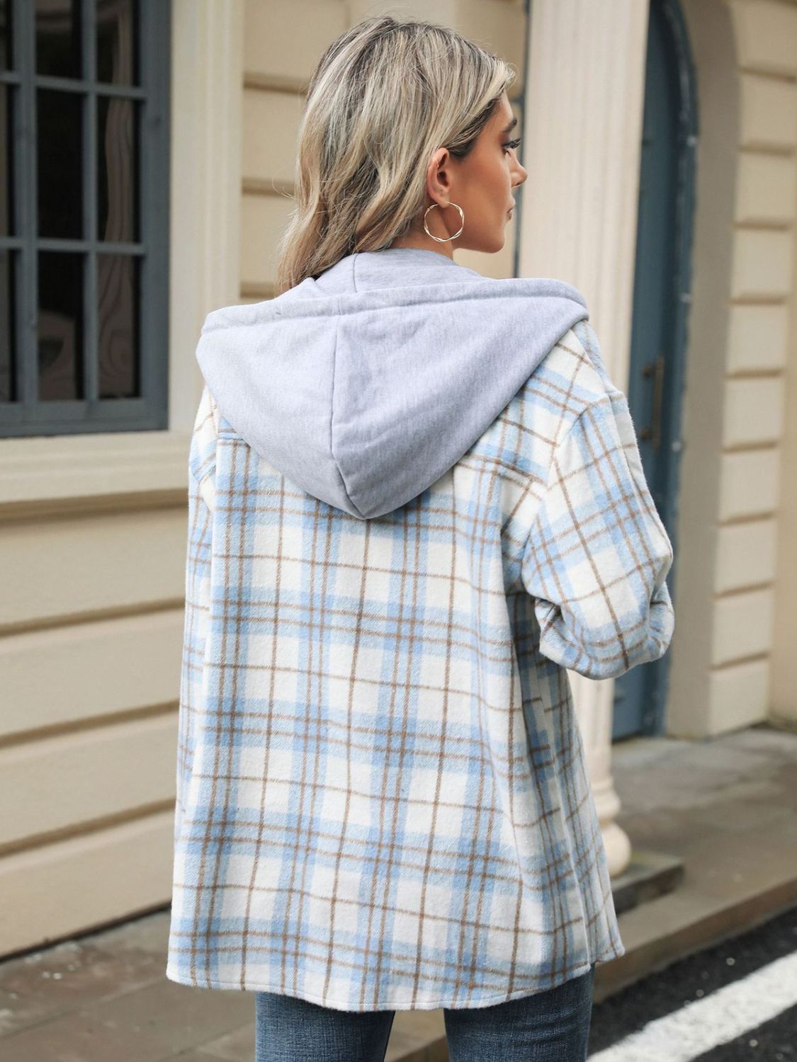 Light blue plaid shacket with contrast grey hood and button details.
