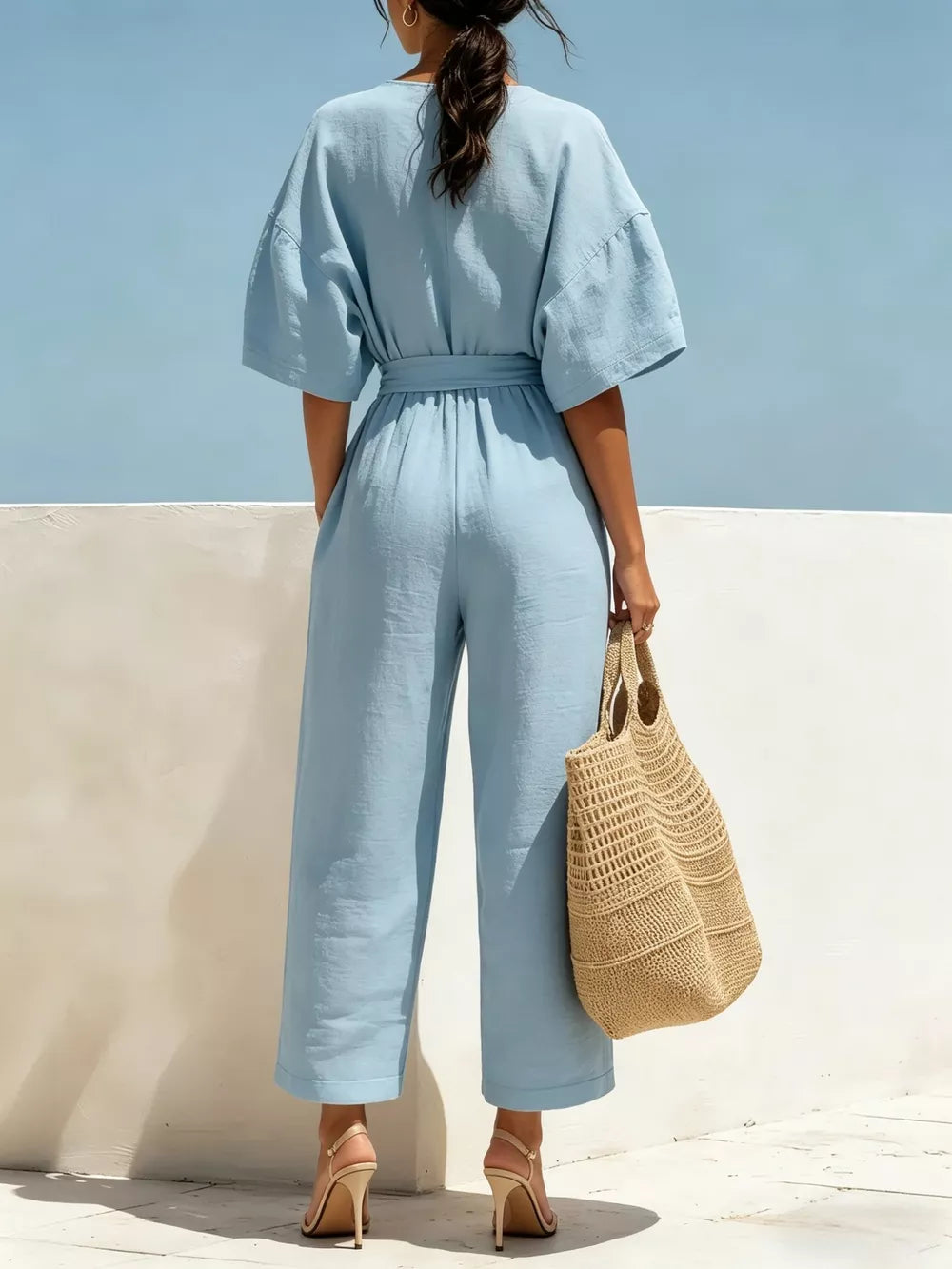 Tie Waist Wide Leg Jumpsuit, close-up detail