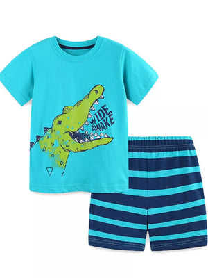 Toddler boys blue cotton t-shirt with crocodile graphic and striped shorts