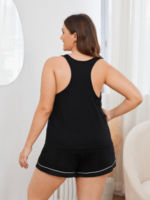 Black racerback lounge top and shorts set with contrast trim detail.