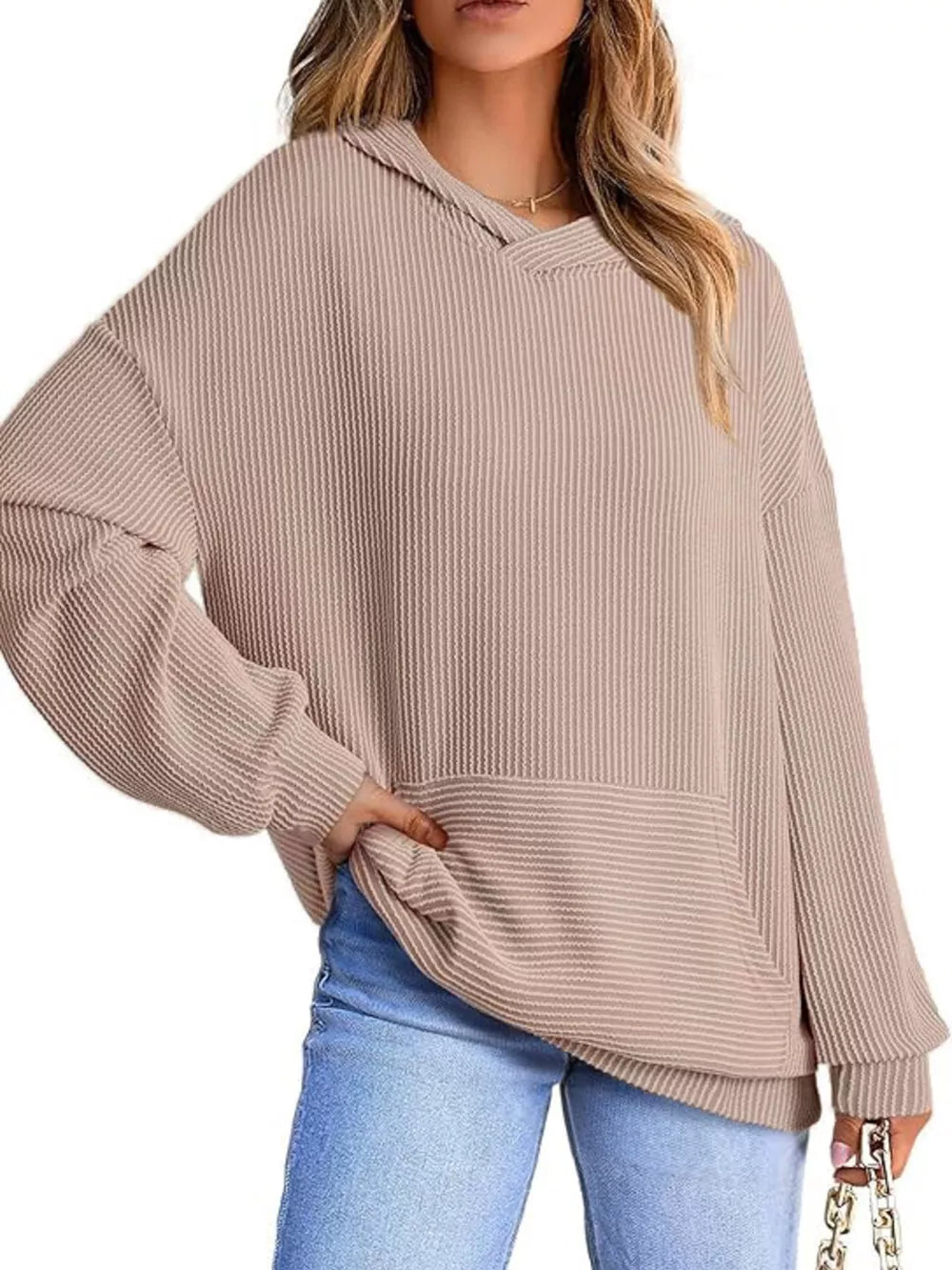 Ribbed V-neck oversized hoodie sweatshirt in Light Coffee with balloon sleeves and a front pocket.