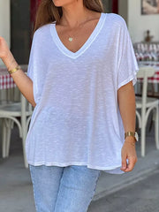 White relaxed fit V-neck tee with short sleeves, made of 100% polyester.