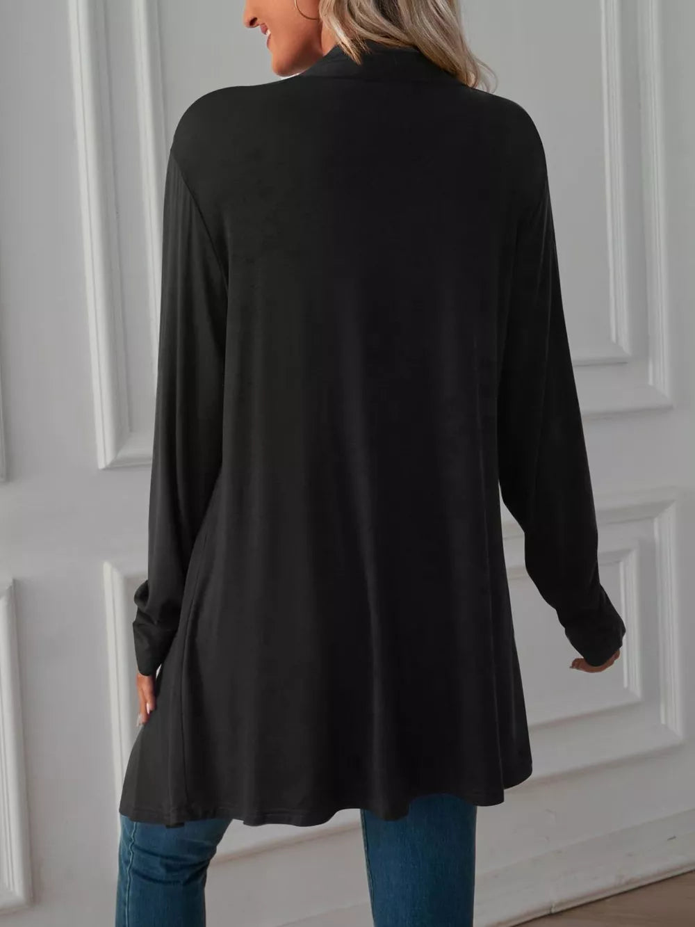 navy blue cardigan with stretch and long sleeve
