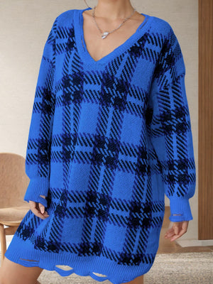 Royal blue plaid knit tunic with distressed hemline and v-neck.