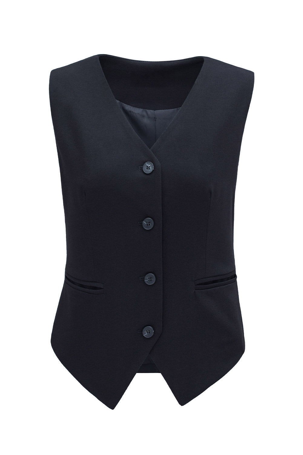 Black tailored V-neck button-down vest with four buttons and two front pockets.
