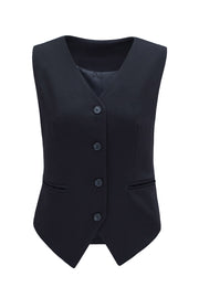Black tailored V-neck button-down vest with four buttons and two front pockets.