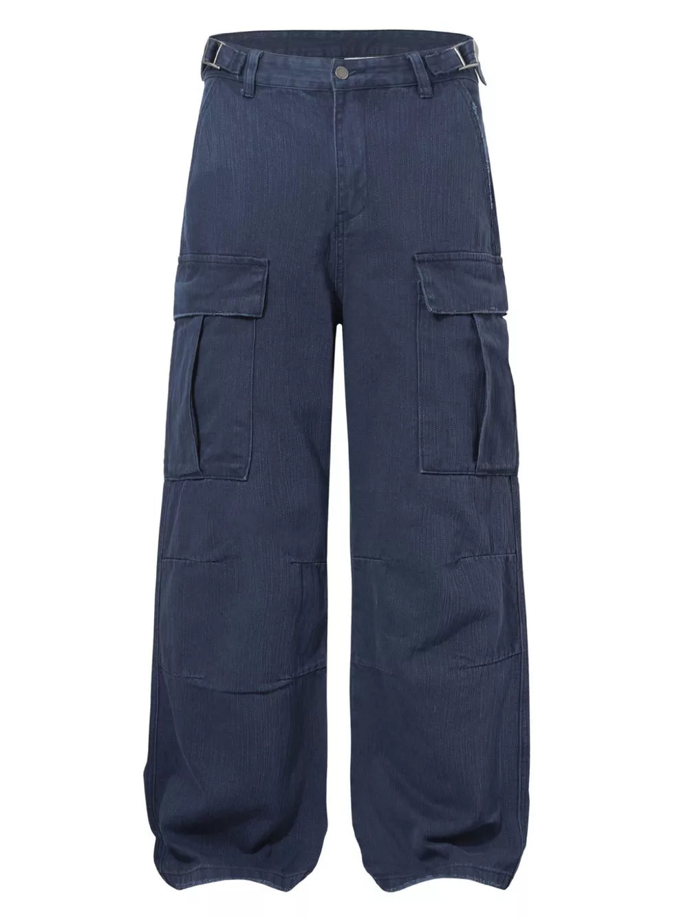 Blue casual cargo pants with flap pockets and button closure.