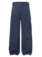 Blue casual cargo pants with flap pockets and button closure.