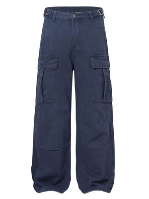 Blue casual cargo pants with flap pockets and button closure.