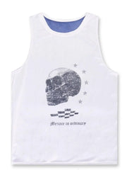 White perforated tank top with a skull graphic and "Menace to ordinary" text.