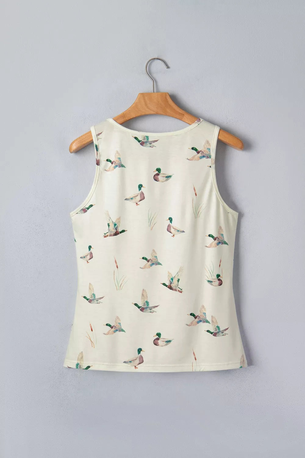 Cream tank top with mallard duck print and cattails, round neck, sleeveless