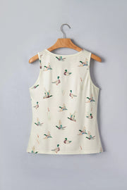 Cream tank top with mallard duck print and cattails, round neck, sleeveless