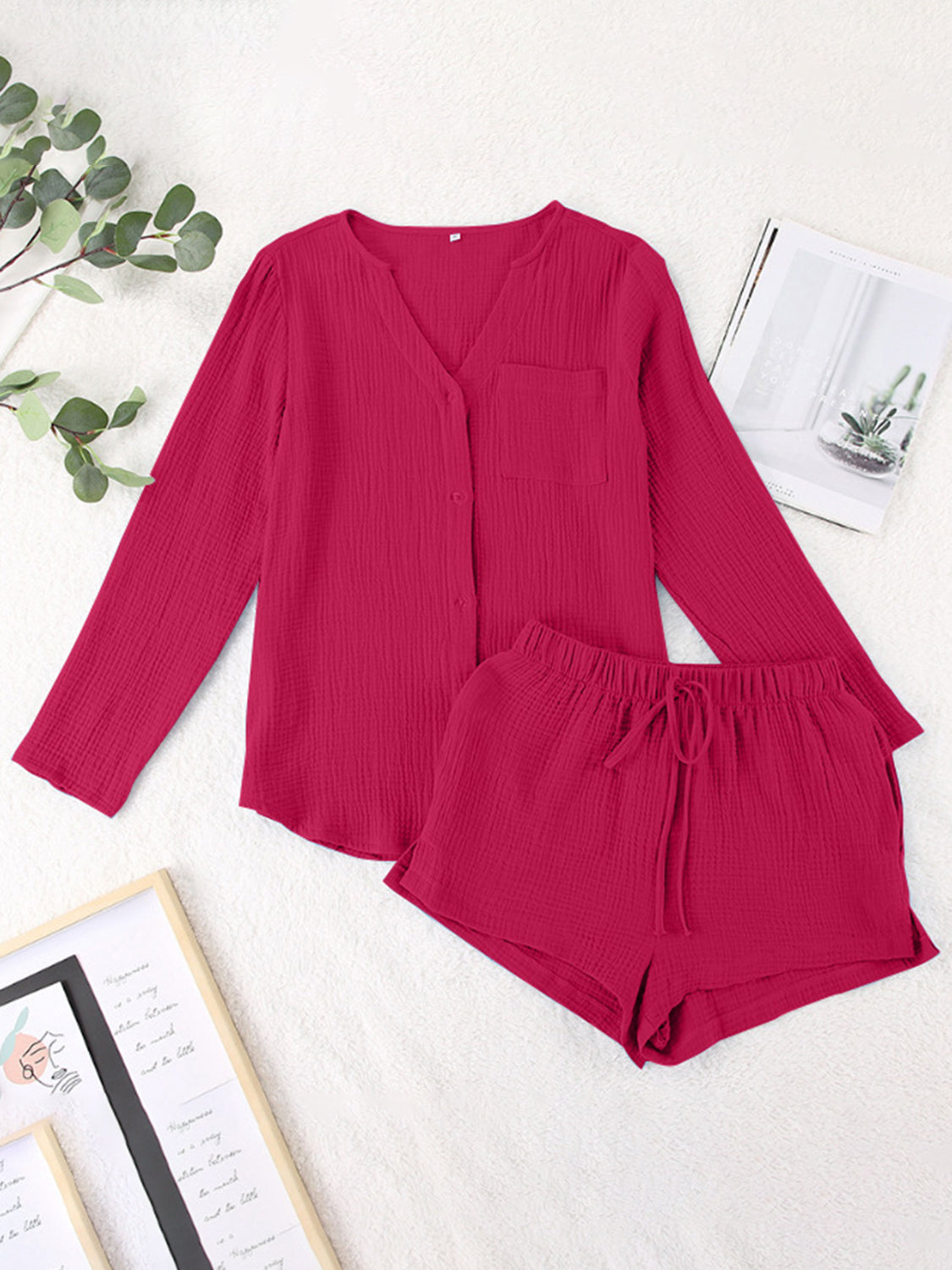Textured cotton pajama set in cerise with button-up top and drawstring shorts