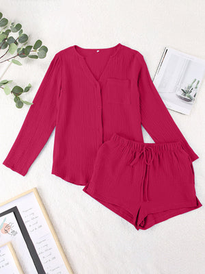 Textured cotton pajama set in cerise with button-up top and drawstring shorts