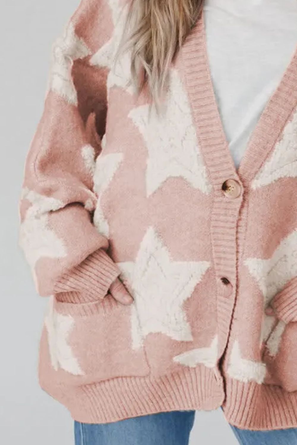 Dusty Pink starburst knit cardigan with button front and pockets