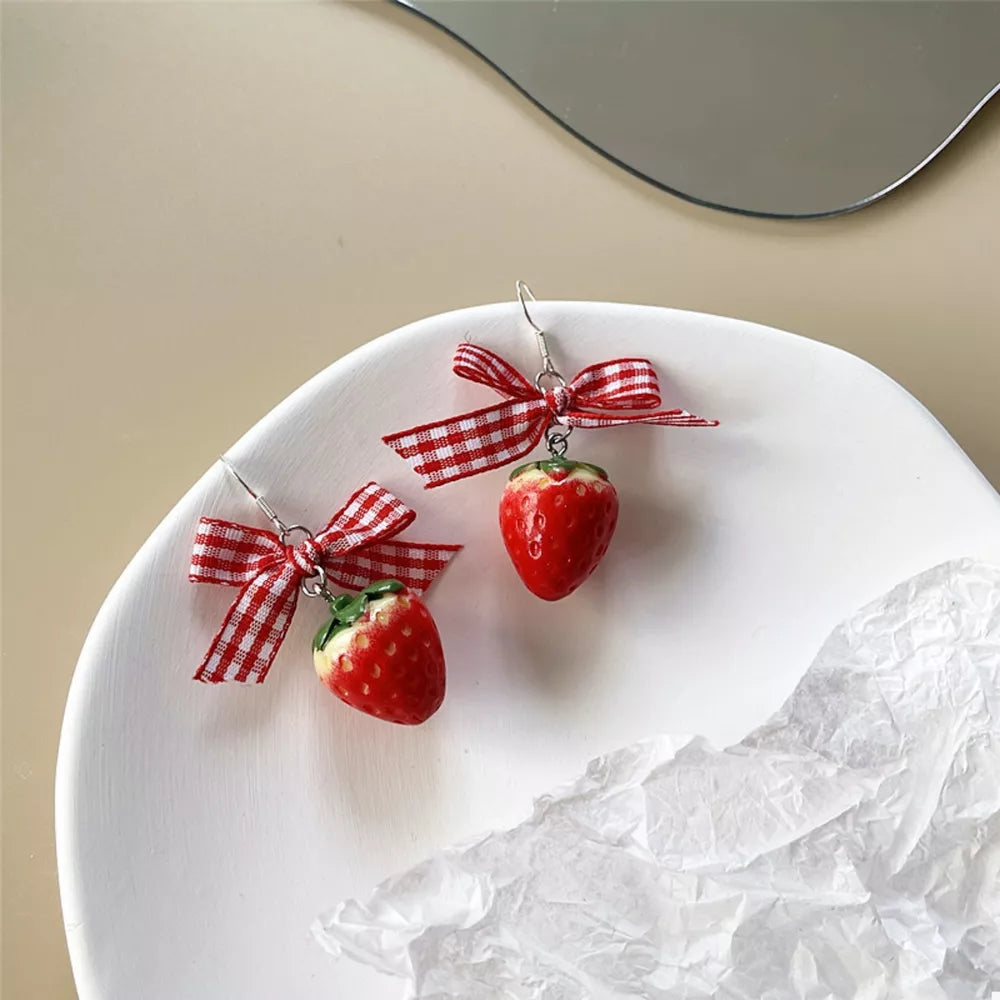 Strawberry dangle earrings with red gingham bows