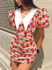 Floral Ruched Mini Dress With Puff Sleeves