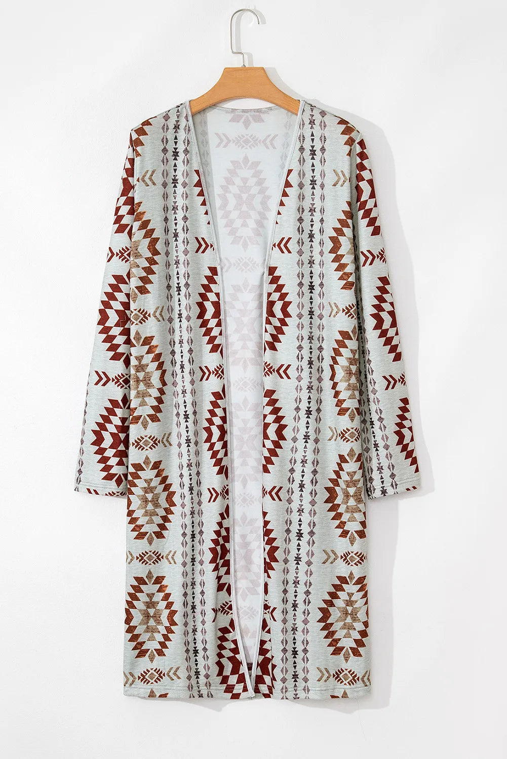 Southwestern print duster cardigan in brown with geometric patterns and long sleeves.