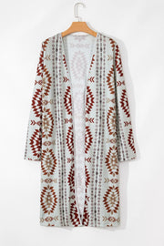 Southwestern print duster cardigan in brown with geometric patterns and long sleeves.