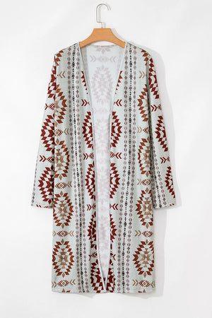 Southwestern print duster cardigan in brown with geometric patterns and long sleeves.