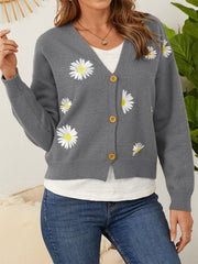 Grey V-neck cardigan with daisy embroidery and button front.