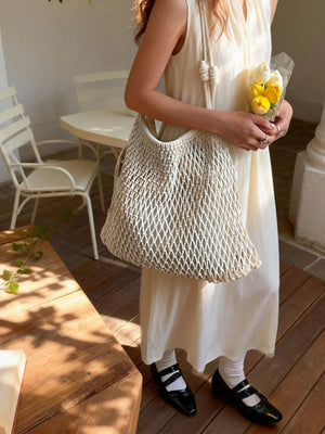 Woven Net Shoulder Bag in White, side view