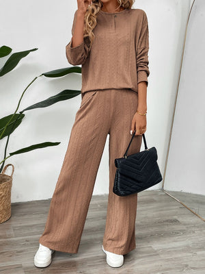 Camel textured henley lounge co-ord set with button detail and wide leg pants.