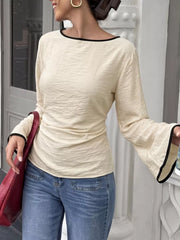 Contrast Trim Flare Sleeve Blouse in Beige, model styling view