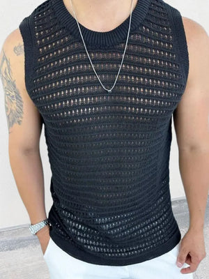 Black openwork knit tank top with crew neck and breathable acrylic blend fabric.