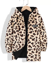 Hooded leopard print jacket with black lining and zip closure.