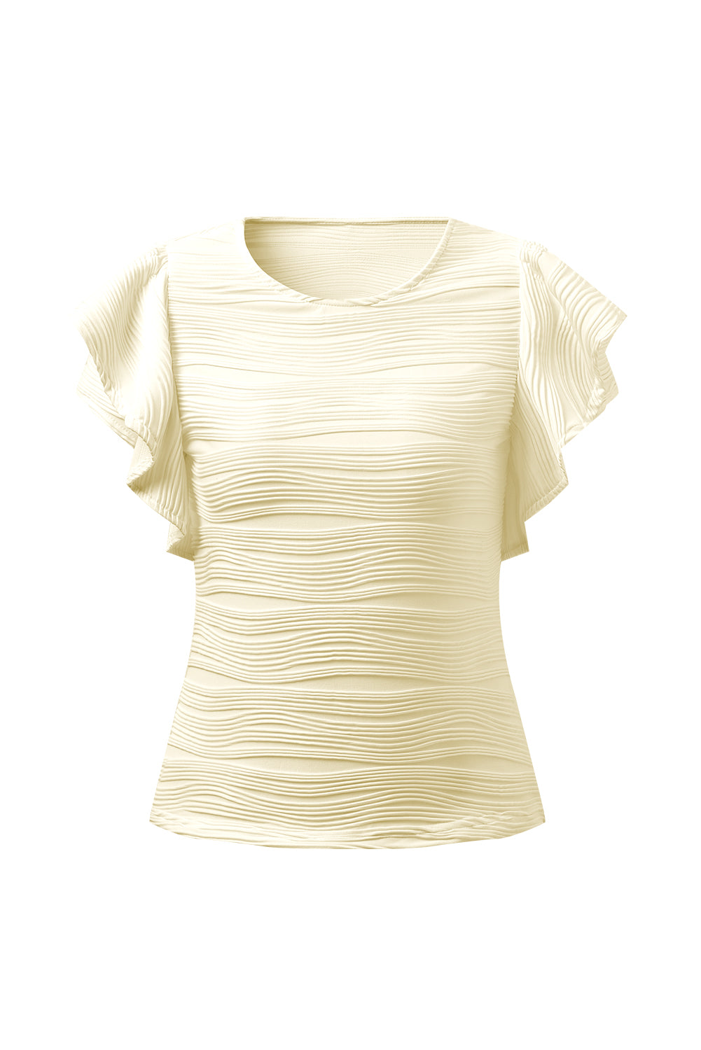 Textured ruffle sleeve bodysuit in ivory with a ribbed wave pattern.