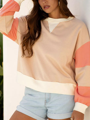 Color Block Textured Patchwork Pullover Sweatshirt in Watermelon pink, close-up detail