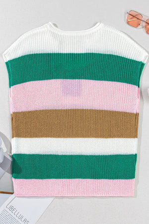 Colorblock knit V-neck tee with horizontal stripes in white, green, pink, and brown.
