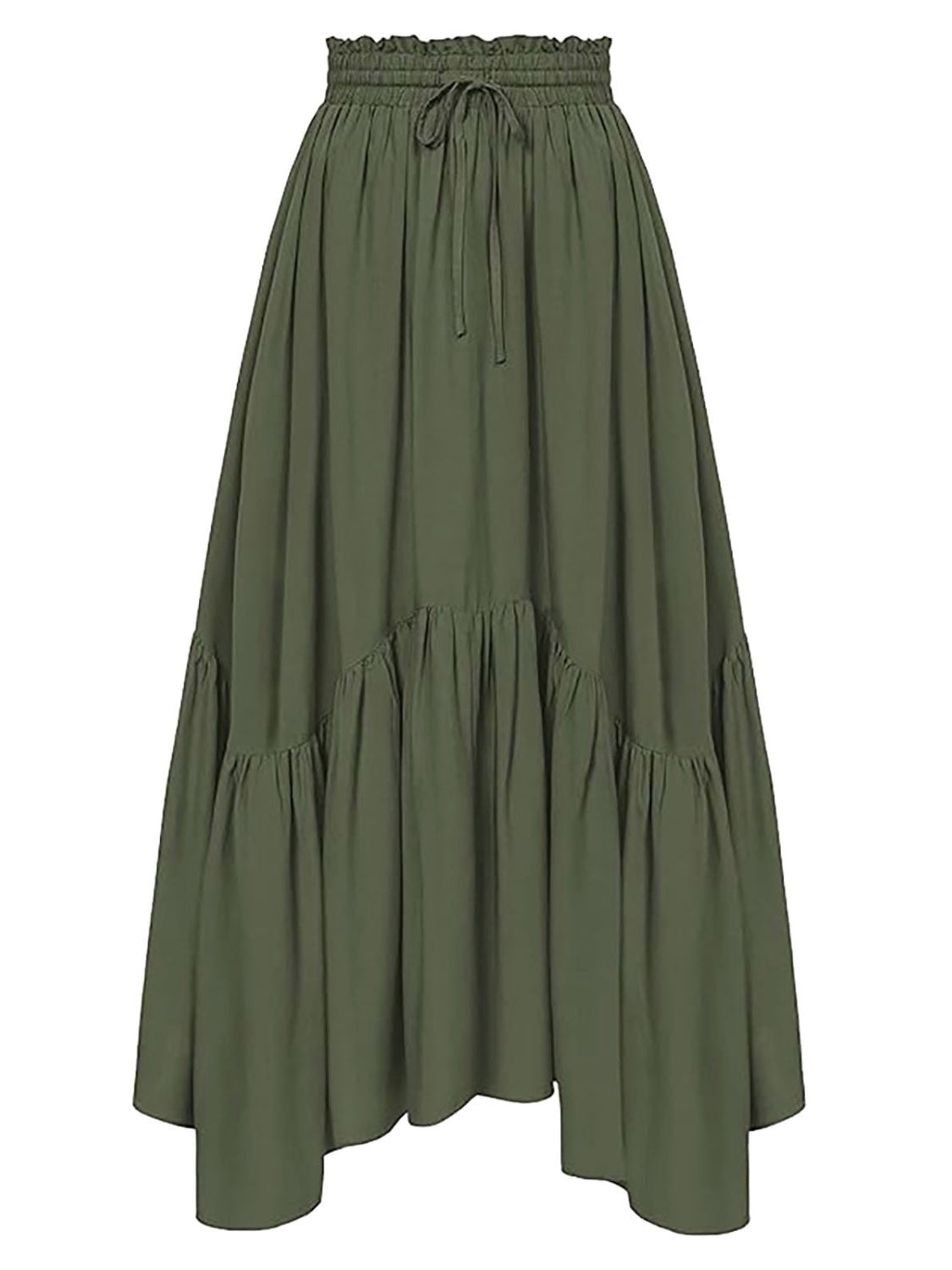 Army green tiered midi skirt with asymmetrical hemline and drawstring waist