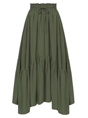 Army green tiered midi skirt with asymmetrical hemline and drawstring waist