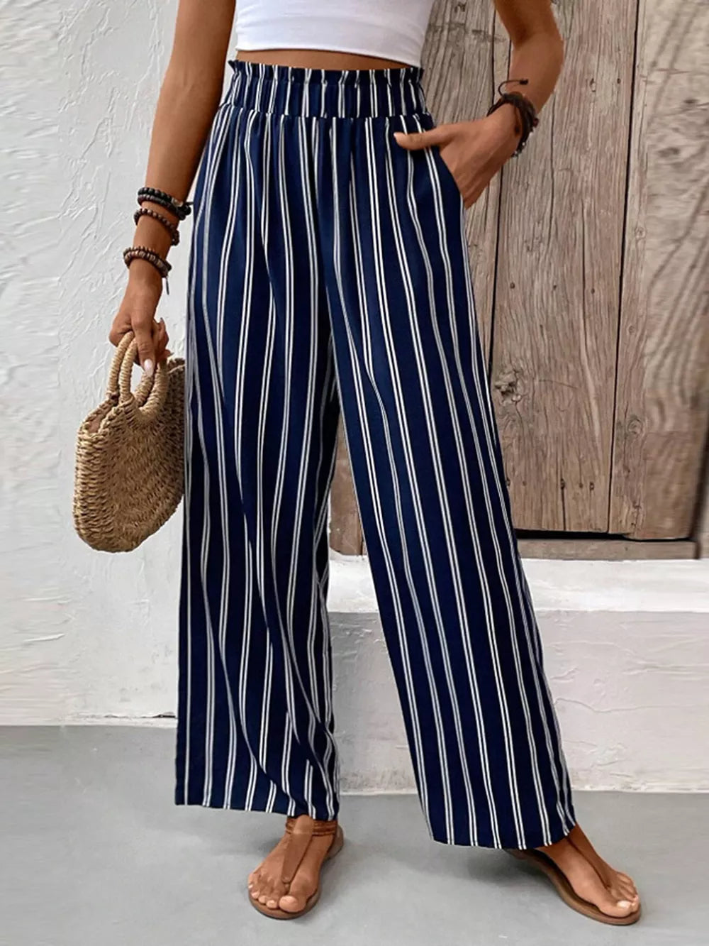 Striped Wide-leg Pants With Elastic Waistband in Dark Blue, front view