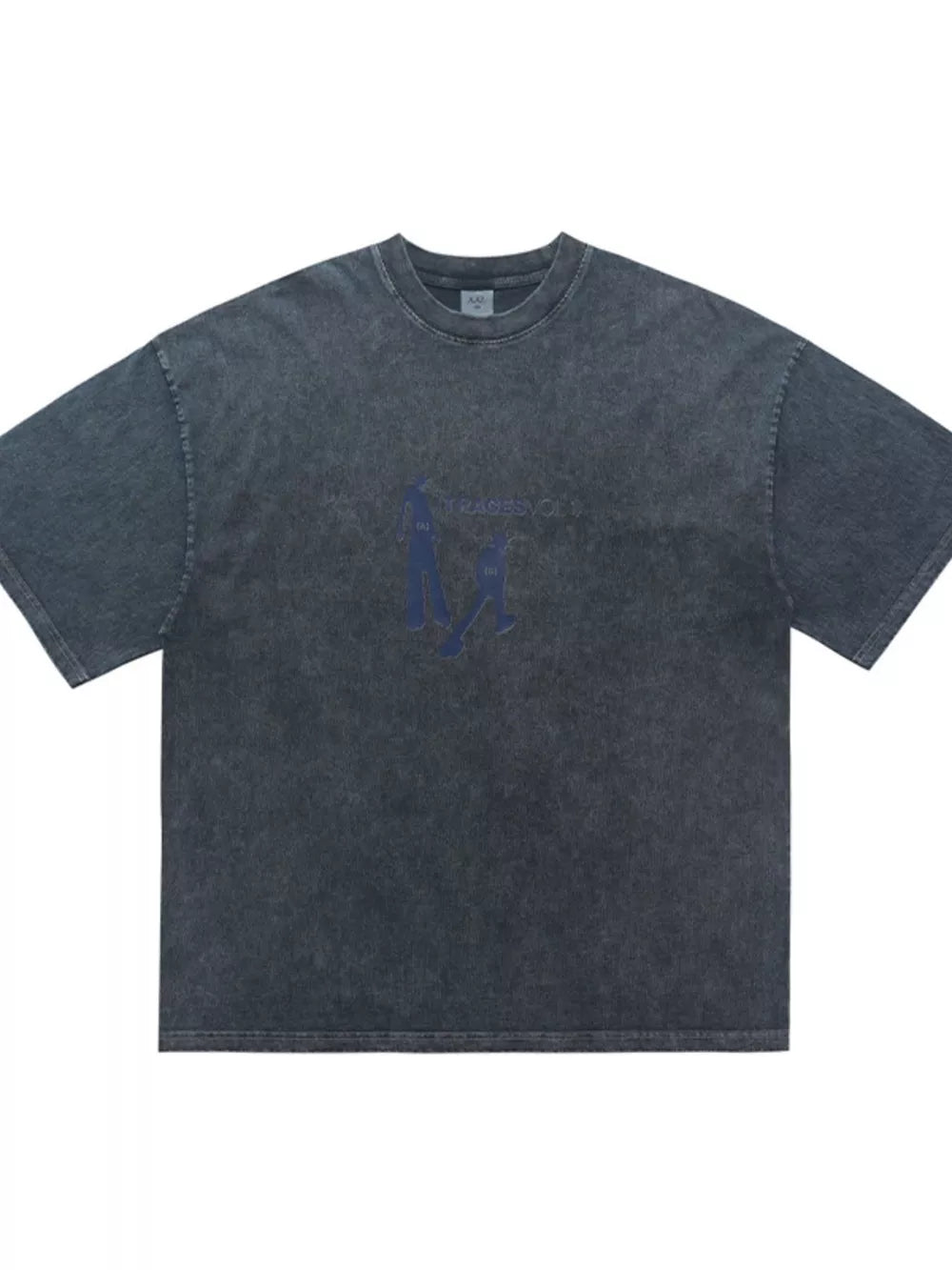 Oversized graphic tee in charcoal wash cotton with relaxed fit and blue graphic print.
