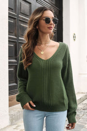 Army green acrylic v-neck sweater with vertical ribbing detail and long sleeves.