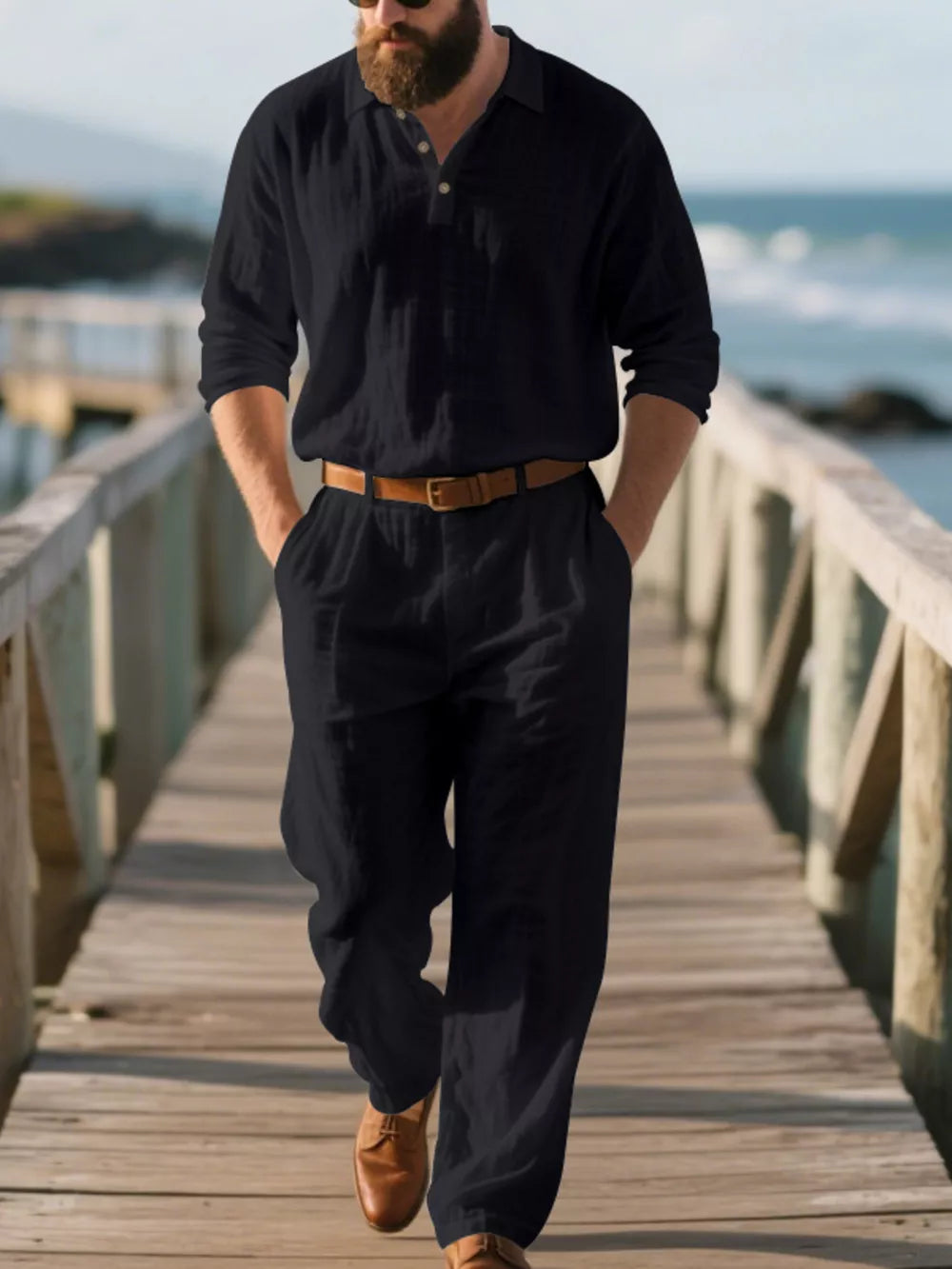 Black linen blend long sleeve collared top and pants set with a brown belt.