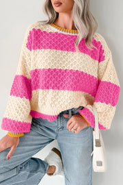 Striped Colorblock Drop Shoulder Sweater in Hot Pink, front view