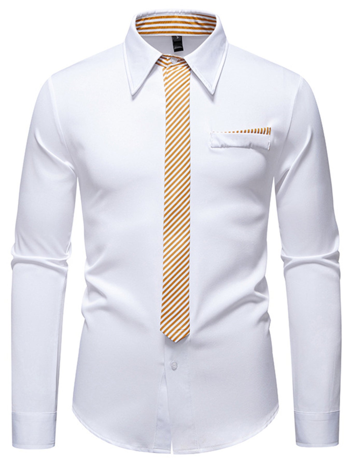 Men's white button-up shirt with gold striped tie detail and pocket
