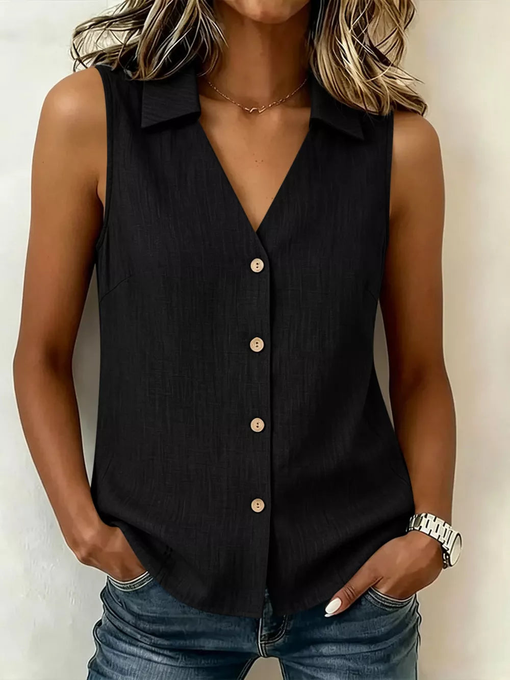 Full Size Button-up Sleeveless Collared Top in Navy, close-up detail
