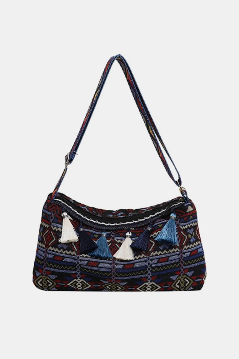 Geometric embroidered shoulder bag with multi-color tassels and patterned strap